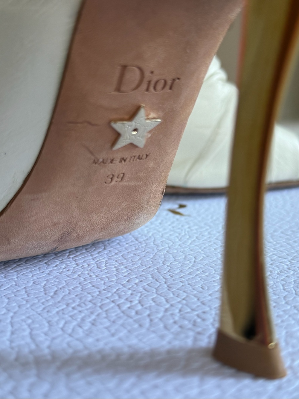 Dior White Leather Stiletto with Gold Heel Accent